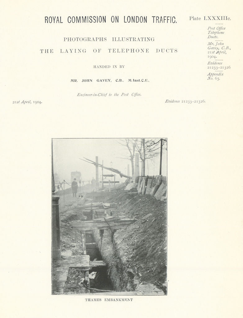 Royal Commission. Laying telephone ducts in Thames Embankment 1906 old print